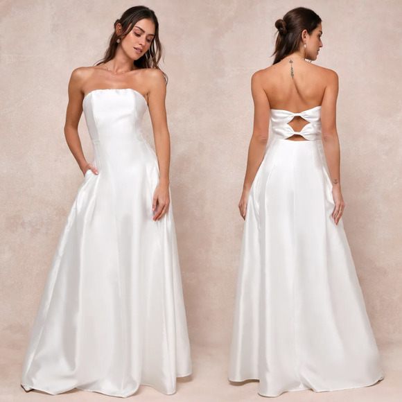 NWT Lulus Pristine Love White Taffeta Strapless Maxi Dress Pockets Size Medium - Picture 1 of 11